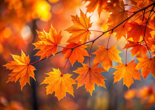 Vibrant Autumn Orange Maple Leaves on Branch - Copy Space Right