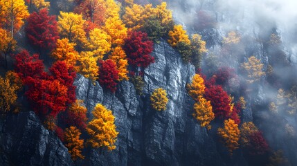 Autumnal forest clinging to a rocky mountainside.