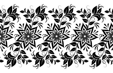 black and white seamless pattern with flowers, swirls, leaves and dots on white isolated background, floral design element, decorative border