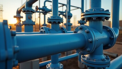 Network of Blue Industrial Pipes and Valves at a Processing Plant at Sunset