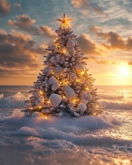 Christmas tree decorated with shells stands by the ocean at sunset in a serene beach setting