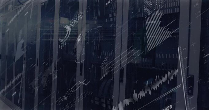 Server racks occupying center, displaying live analytics overlays, highlighting network gear