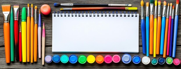 Obraz premium Colorful art supplies on wood. Blank page