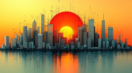 Fototapeta premium Futuristic Urban Skyline with Abstract Shapes Against Sunset Glow