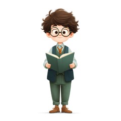 Cute Boy Reading Book: An illustration of an adorable boy with curly hair, wearing glasses and a vest, engrossed in reading a book. His cheerful expression conveys a love of learning and storytelling.