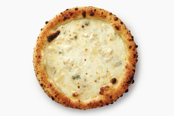 Four cheese pizza baking on white background with blistered crust