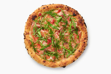 Delicious pizza with parma ham, rocket salad and parmesan cheese on white background