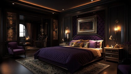 Luxurious dark bedroom interior design, night view, elegant decor, opulent ambiance, hotel room
