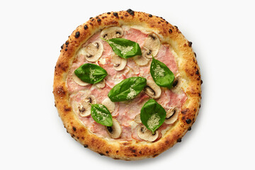 Delicious pizza with ham, mushrooms, and basil on white background