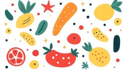 Colorful abstract design featuring various fruit shapes.