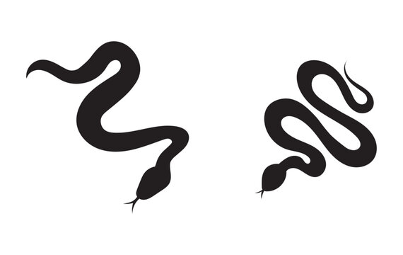 Vector monochrome tangled snake set. Collection of black outline and silhouette pythons with plant decoration isolated from background. Symbol of Chinese New Year for icons, logos