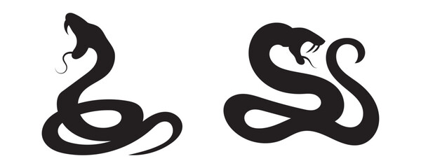 Vector monochrome tangled snake set. Collection of black outline and silhouette pythons with plant decoration isolated from background. Symbol of Chinese New Year for icons, logos