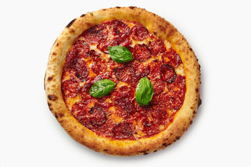 Delicious pepperoni pizza with basil leaves on white background