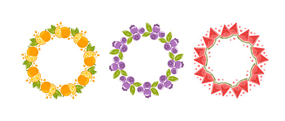 Three round frames creatively designed with vibrant oranges, juicy blueberries, and fresh watermelon slices. This colorful composition adds a playful and refreshing touch, perfect for summer-themed