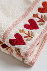 Folded baby towel with embroidered hearts and flowers in red and pink