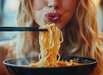The mouth of a blonde Caucasian woman as she eats noodles, highlighting texture, appetite, and indulgence.