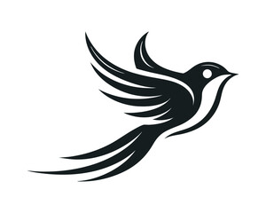 Obraz premium Elegant bird in flight logo, monochrome abstract avian graphic on a white background