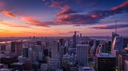 Fototapeta premium Manhattan Skyline at Dusk: A Symphony of Orange and Purple Hues