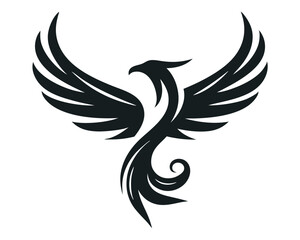 Stylized rising phoenix or dove, black and white abstract bird logo on a white background