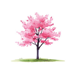 Obraz premium A blossoming cherry tree with vibrant pink flowers, painted with watercolor effect. The tree is standing on a small patch of grass, ready for spring 