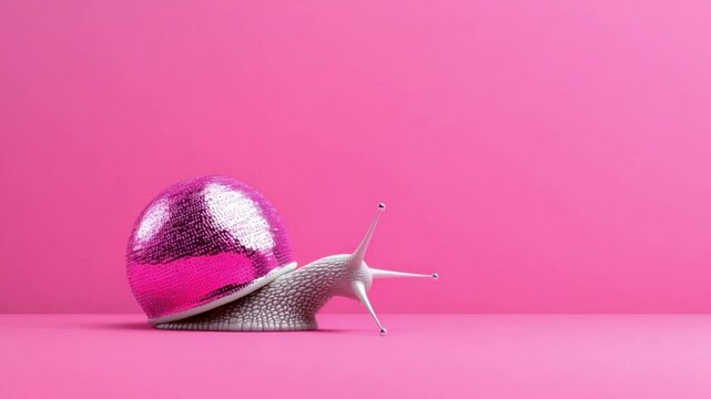 Colorful snail with a shiny pink shell on a vibrant pink backdrop creating an eye-catching visual impression in photography 4k video footage