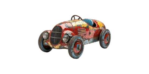 Vintage Toy Race Car With Distressed Paint Finish. Nostalgic Childhood Collectible Isolated On Transparent Background