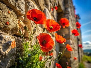 Obraz premium Vibrant Red Poppies Blooming in Rustic Old Stone Wall - Summer Floral Photography