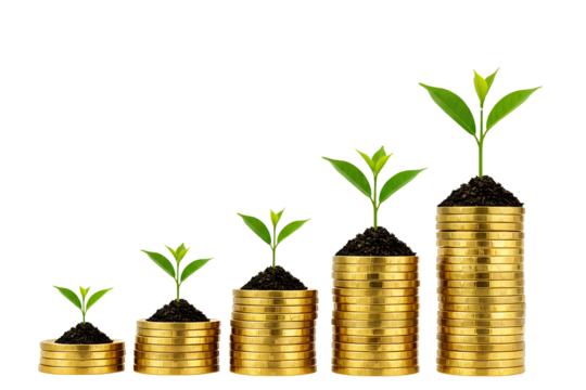 Gold coins stacked progressively taller, representing investment growth, sustainability, and eco-friendly wealth accumulation, On a transparent background