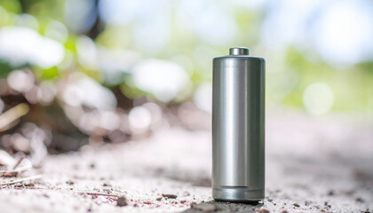 Single battery standing ground with blurred nature background