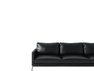 A modern black leather sofa with soft, inviting cushions. The sofa is clean and stylish, exuding an air of relaxation and sophistication