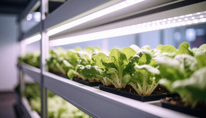 Indoor hydroponic farm with leafy greens growing artificial light