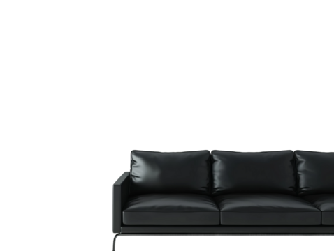 A modern black leather sofa with soft, inviting cushions. The sofa is clean and stylish, exuding an air of relaxation and sophistication