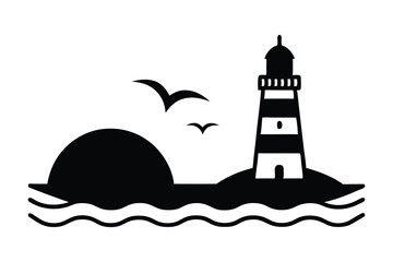 silhouette lighthouse coastal scene seagulls vector art illustration