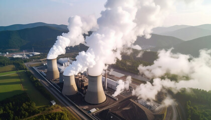 Large power plant emitting smoke into sky with mountains