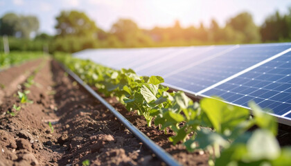 Young plant growing farm with solar powered irrigation system