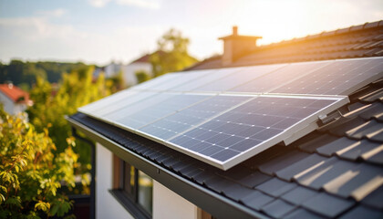 Obraz premium Solar panels installed house roof sunlight, eco friendly energy