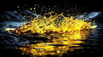 Dynamic splash of golden liquid with droplets and textured surface against dark background