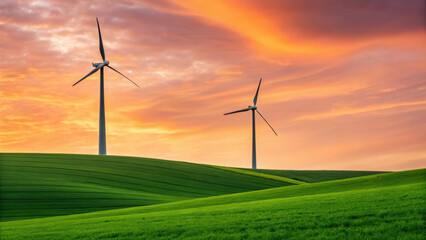Scenic landscape featuring wind turbines rolling green hills