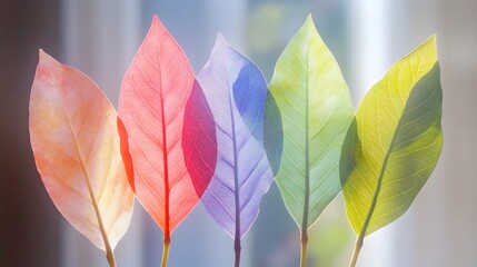 Obraz premium Colorful leaves arranged in a row against a soft backdrop.
