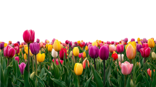 Vibrant tulip field showcasing colorful blooms with overcast sky on isolated white background