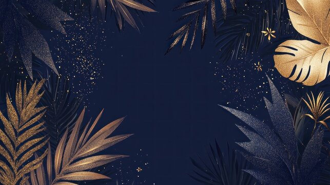 Elegant dark navy background with gold and bronze tropical leaves