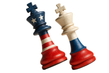 Two king chess pieces tipping over toward each other, painted with flag colours, in shallow focus