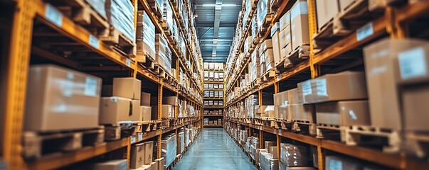 Warehouse aisle, cardboard boxes, logistics