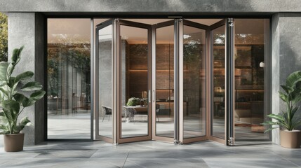 Modern folding glass door with indoor plant minimalistic interior design