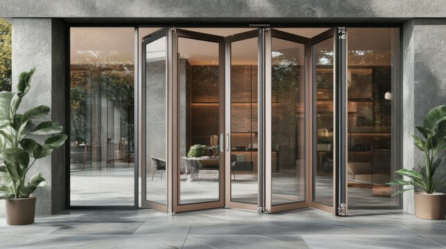 Modern folding glass door with indoor plant minimalistic interior design