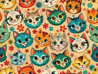 Vintage Cute Cartoon Cats Pattern Wallpaper - Colorful Funny Animal Illustration