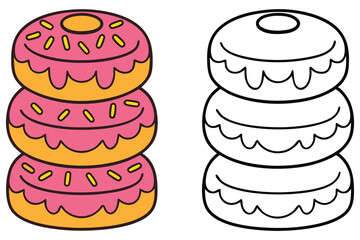Three stacked doughnuts with pink frosting and yellow sprinkles appear beside the black outline