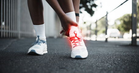 Shoes, ankle pain or exercise overlay in city, cramps or tension with fitness mistake on sidewalk. Fibromyalgia, discomfort and athlete for tendon tear, fracture or red inflammation glow outdoor