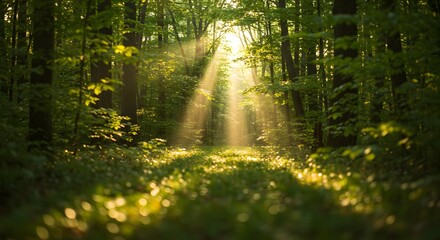 Sunbeams Illuminating a Lush Forest Path A Serene Nature Scene Captured at Dawn