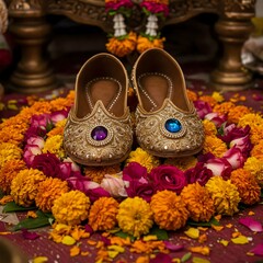 Fototapeta premium Traditional Indian Jutti Shoes with Floral Marigold and Rose Decoration